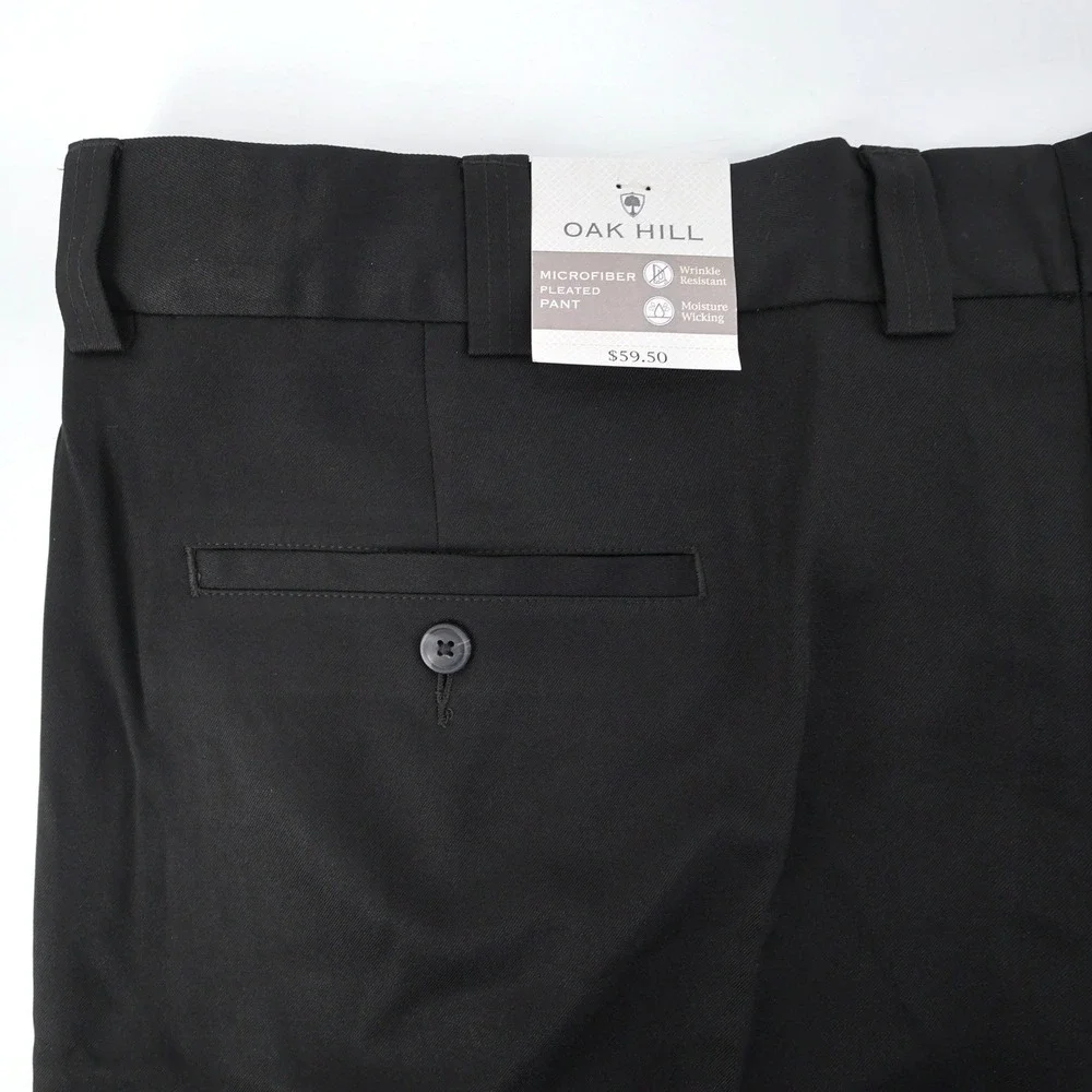 NEW Oak Hill Mens Black Microfiber Pleated Dress Pants 46x28 Wrinkle Resistant